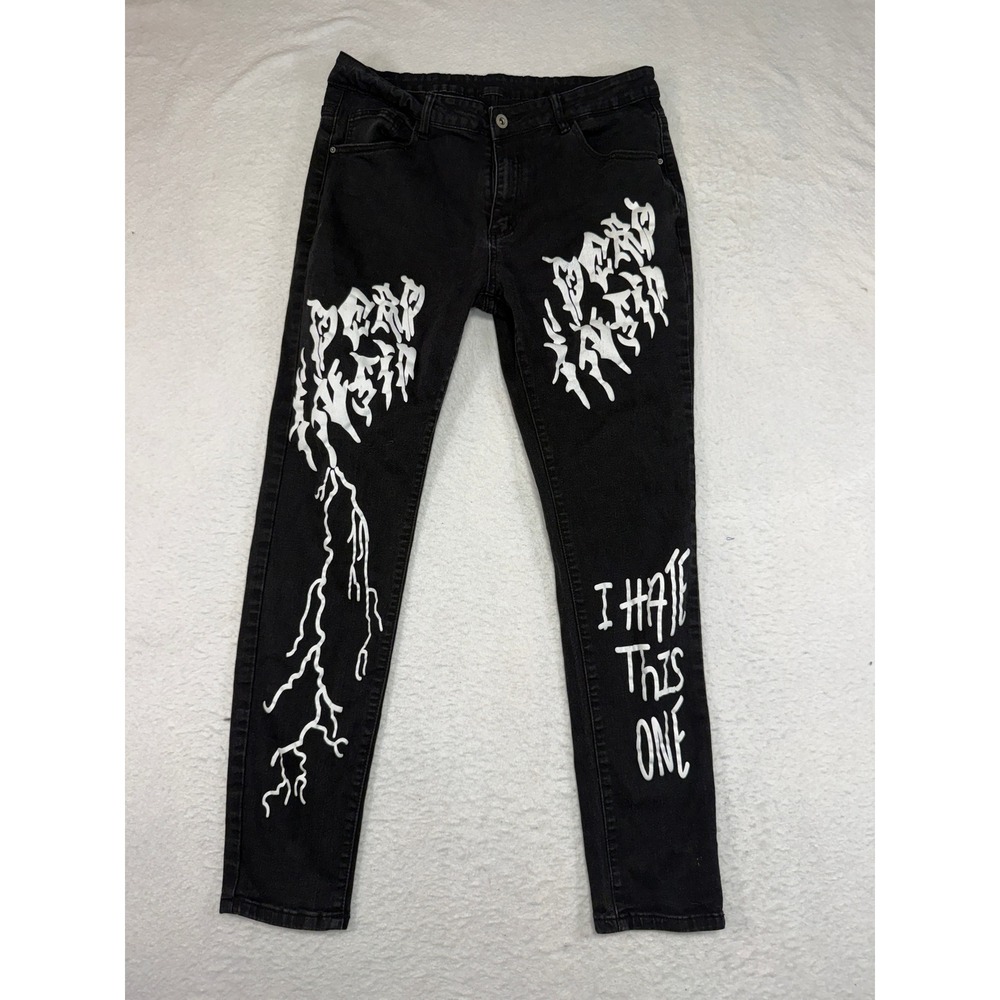 SHEIN Mens Black Graphic Print Denim Jeans Slim Fit Size 32 Streetwear Lightning
